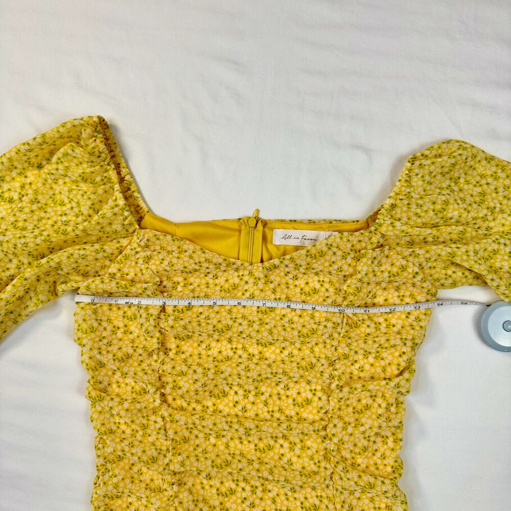 All In Favor Sasha Ruched Mini Dress Women's XS Yellow Puff Sleeve Coquette - Picture 7 of 16